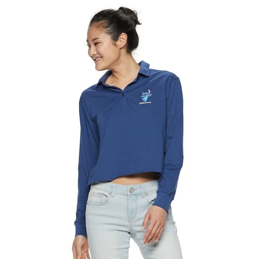 Disney's Lilo & Stitch Women's Cropped Polo Top Blue Juniors' Size X-Large New